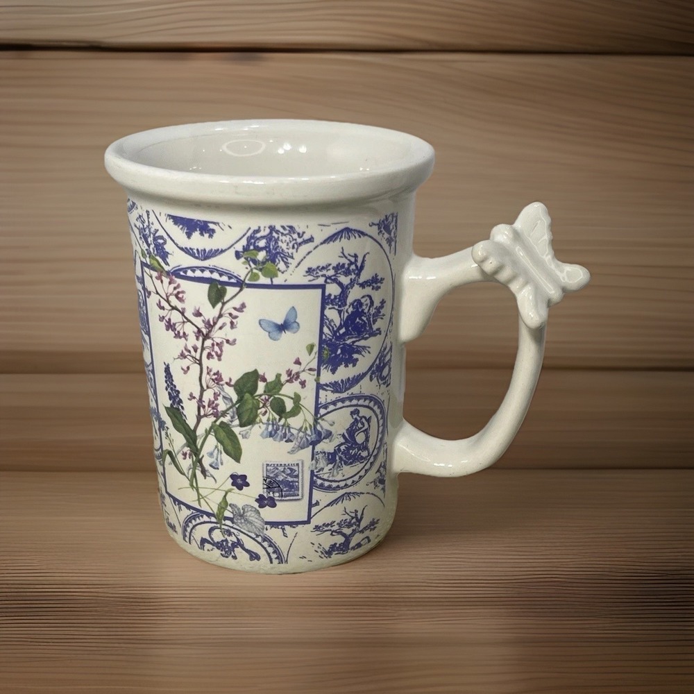 HALLMARK COFFEE MUGS 3/D BUTTERFLY HANDLE CUP English Postcard Botanical‎ Boho